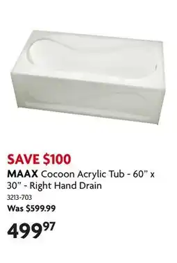 Home Hardware Cocoon Acrylic Tub - 60 x 30 - Right Hand Drain offer