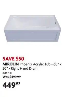 Home Hardware Phoenix Acrylic Tub - 60 x 30 - Right Hand Drain offer