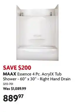 Home Hardware Essence 4 Pc. AcrylX Tub Shower - 60 x 30 - Right Hand Drain offer