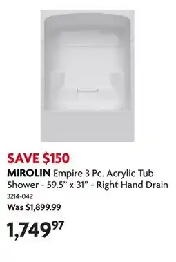 Home Hardware Empire 3 Pc. Acrylic Tub Shower - 59.5 x 31 - Right Hand Drain offer