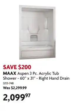 Home Hardware Aspen 3 Pc. Acrylic Tub Shower - 60 x 31 - Right Hand Drain offer
