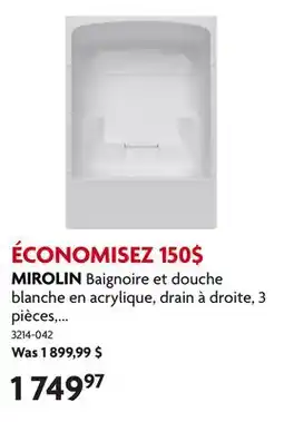 Home Hardware Baignoire et douche blanche en acrylique, drain à droite, 3 pièces, avec support lombaire offer