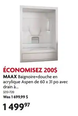Home Hardware Baignoire+douche en acrylique Aspen de 60 x 31 po avec drain à droite, 1 pièce, blanc offer