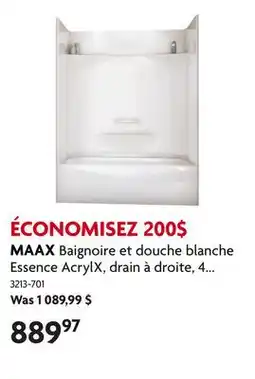 Home Hardware Baignoire et douche blanche Essence AcrylX, drain à droite, 4 pièces, sans toit offer