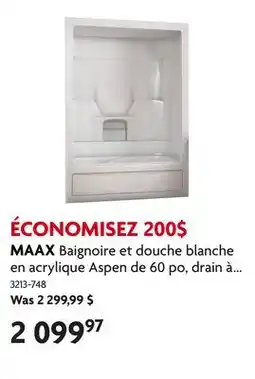 Home Hardware Baignoire et douche blanche en acrylique Aspen de 60 po, drain à droite, 3 pièces offer