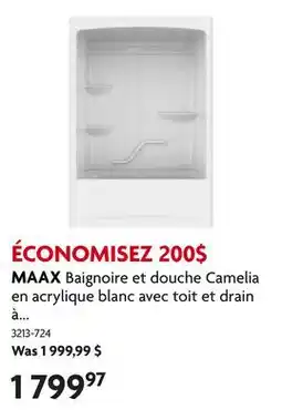 Home Hardware Baignoire et douche Camelia en acrylique blanc avec toit et drain à droite, 3 pièces offer