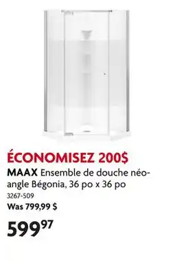 Home Hardware Ensemble de douche néo-angle Bégonia, 36 po x 36 po offer