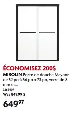 Home Hardware Porte de douche Maynor de 52 po à 56 po x 73 po, verre de 8 mm et garniture noir mat offer