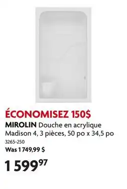 Home Hardware Douche en acrylique Madison 4, 3 pièces, 50 po x 34,5 po offer