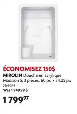 Home Hardware Douche en acrylique Madison 5, 3 pièces, 60 po x 34,25 po offer
