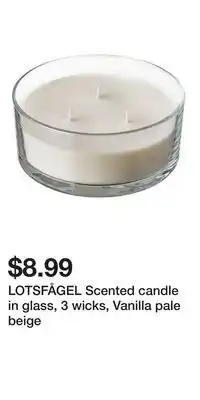 IKEA LOTSFÅGEL Scented candle in glass, 3 wicks, Vanilla pale beige offer