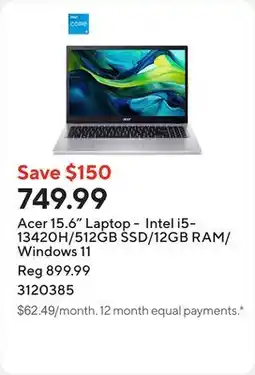 Staples Acer 15.6 Laptop - Intel i5-13420H/512GB SSD/12GB RAM/Windows 11 offer