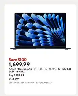 Staples Apple MacBook Air 15 - M5 - 10-core CPU - 512 GB SSD - 16 GB Unified Memory - Midnight offer