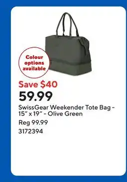 Staples SwissGear Weekender Tote Bag - 15 x 19 - Olive Green offer