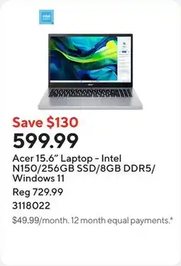 Staples Acer 15.6 Laptop - Intel N150/256GB SSD/8GB DDR5/Windows 11 offer