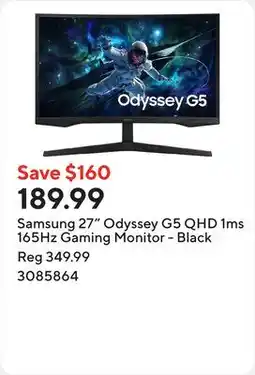 Staples Samsung 27 Odyssey G5 QHD 1ms 165Hz Gaming Monitor - Black offer