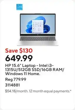 Staples HP 15.6 Laptop - Intel i3-1315U/512GB SSD/16GB RAM/Windows 11 Home offer