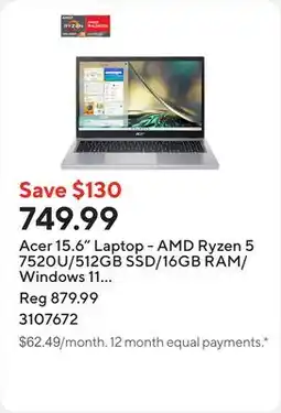 Staples Acer 15.6 Laptop - AMD Ryzen 5 7520U/512GB SSD/16GB RAM/Windows 11 Home offer