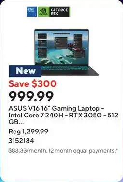 Staples ASUS V16 16 Gaming Laptop - Intel Core 7 240H - RTX 3050 - 512 GB SSD - 16 GB RAM - Windows 11 Home offer