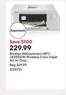 Staples Brother INKvestment MFC-J4355DW Wireless Color Inkjet All-in-One Printer offer
