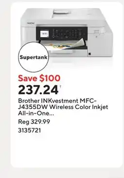 Staples Brother INKvestment MFC-J4355DW Wireless Color Inkjet All-in-One Printer offer