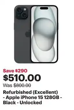 Best Buy Refurbished (Excellent) - Apple iPhone 15 128GB - Black - Unlocked offer