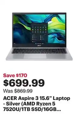 Best Buy ACER Aspire 3 15.6 Laptop - Silver (AMD Ryzen 5 7520U/1TB SSD/16GB RAM/Windows 11 Home) offer