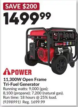 Princess Auto 11,300W Open Frame Tri-Fuel Generator offer