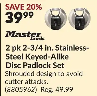 Princess Auto Master Lock 2 pk 2-3/4 in. Stainless-Steel Keyed-Alike Disc Padlock Set offer