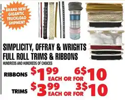 Len's Mill Stores SIMPLICITY, OFFRAY & WRIGHTS FULL ROLL TRIMS & RIBBONS offer