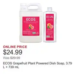 Costco ECOS Grapefruit Plant Powered Dish Soap, 3.79 L + 739 mL offer