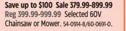 Canadian Tire Greenworks Selected 60V Chainsaw or Mower offer
