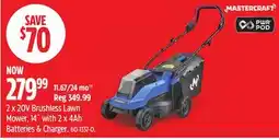 Canadian Tire Mastercraft 2 x 20V Brushless Lawn Mower, 14˝ with 2 x 4Ah Batteries & Charger offer