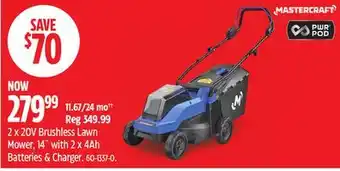 Canadian Tire Mastercraft 2 x 20V Brushless Lawn Mower, 14˝ with 2 x 4Ah Batteries & Charger offer