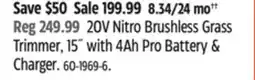 Canadian Tire Worx 20V Nitro Brushless Grass Trimmer, 15 with 4Ah Pro Battery & Charger offer