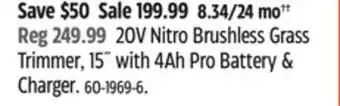 Canadian Tire Worx 20V Nitro Brushless Grass Trimmer, 15 with 4Ah Pro Battery & Charger offer