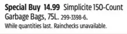 Canadian Tire Simplicite 150-Count Garbage Bags offer