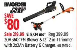 Canadian Tire WORX POWER SHARE 20V 360CFM Blower & 12 2-in-1 Trimmer with 2x2Ah Battery & Charger offer