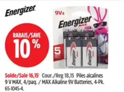 Canadian Tire ENERGIZER MAX Alkaline 9V Batteries, 4-Pk offer