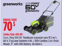Canadian Tire Greenworks 60V Cordless 2-in-1 Push Mower, 17˝ with 4Ah Battery offer