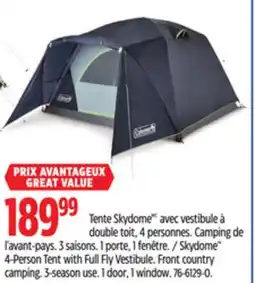 Canadian Tire Skydome 4-Person Tent with Full Fly Vestibule. Front country camping. 3-season use. 1 door, 1 window offer