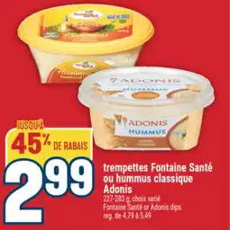 Marché Adonis TREMPETTES FONTAINE SANTÉ OU HUMMUS CLASSIQUE ADONIS |FONTAINE SANTÉ OR ADONIS DIPS offer