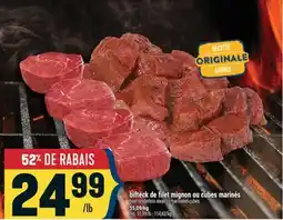 Marché Adonis BIFTECK DE FILET MIGNON OU CUBES MARINÉS | BEEF TENDERLOIN STEAK OR MARINATED CUBES offer