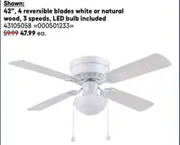 RONA Landon & Co. Ceiling fans 42, 4 reversible blades white or natural wood, 3 speeds, LED bulb included offer