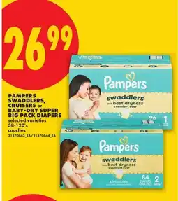No Frills PAMPERS SWADDLERS, CRUISERS or BABY DRY SUPER BIG BOX DIAPERS, 38-120's offer