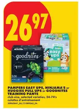 No Frills PAMPERS EASY UPS, NINJAMA'S or HUGGIES PULL UPS or GOODNITES TRAINING PANTS, 24-74'S offer