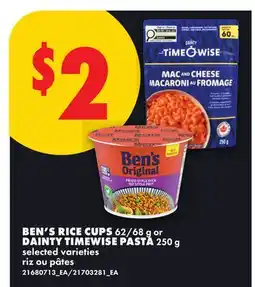No Frills BEN'S RICE CUPS 62/68 g or DAINTY TIMEWISE PASTA offer