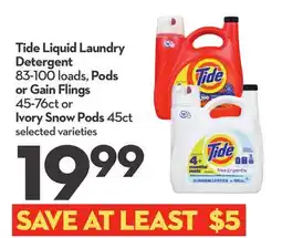 Longo's Tide Liquid Laundry Detergent 83-100 loads, Pods or Gain Flings 45-76ct or Ivory Snow Pods 45ct offer