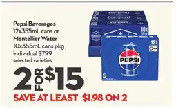 Longo's Pepsi Beverages 12x355mL cans or Montellier Water 10x355mL cans pkg offer