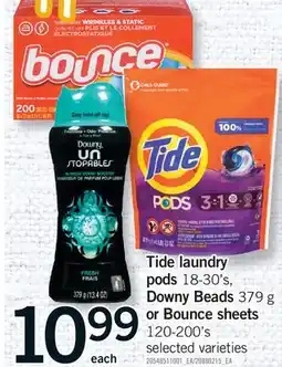 Fortinos TIDE LAUNDRY PODS 18-30'S, DOWNY BEADS 379 G OR BOUNCE SHEETS 120-200'S offer